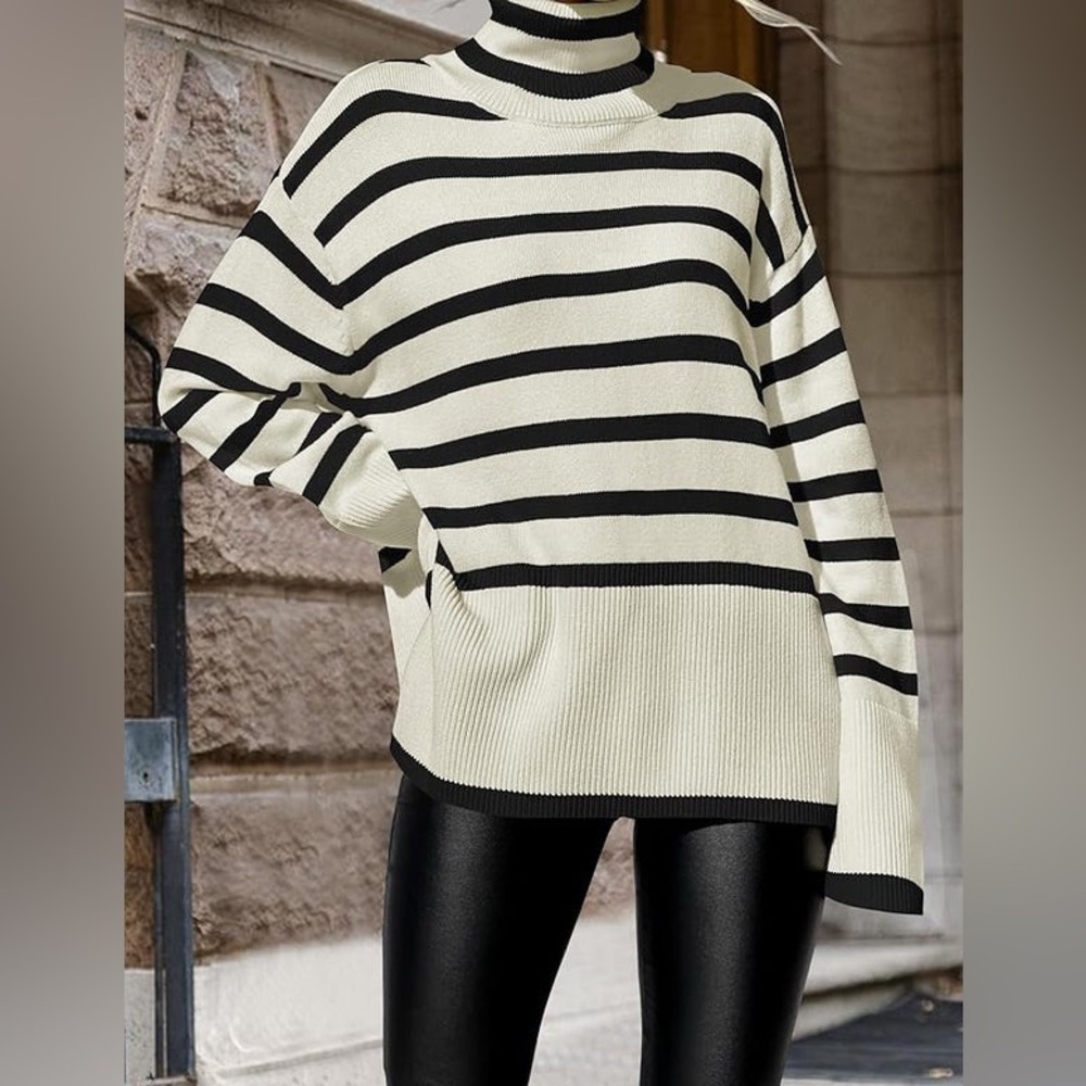 Amazon Sweater Women’s Striped Cream Black White Turtleneck Medium Slouchy Fit